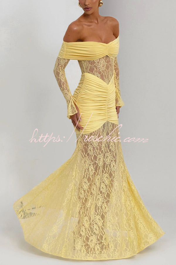 Solid Color Patchwork Lace Off-shoulder Long-sleeved Pleated Slim-fit Maxi Dress