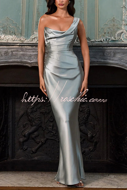 Thalassa Satin One Shoulder Scooped Neck Bias Cut Pleated Maxi Dress