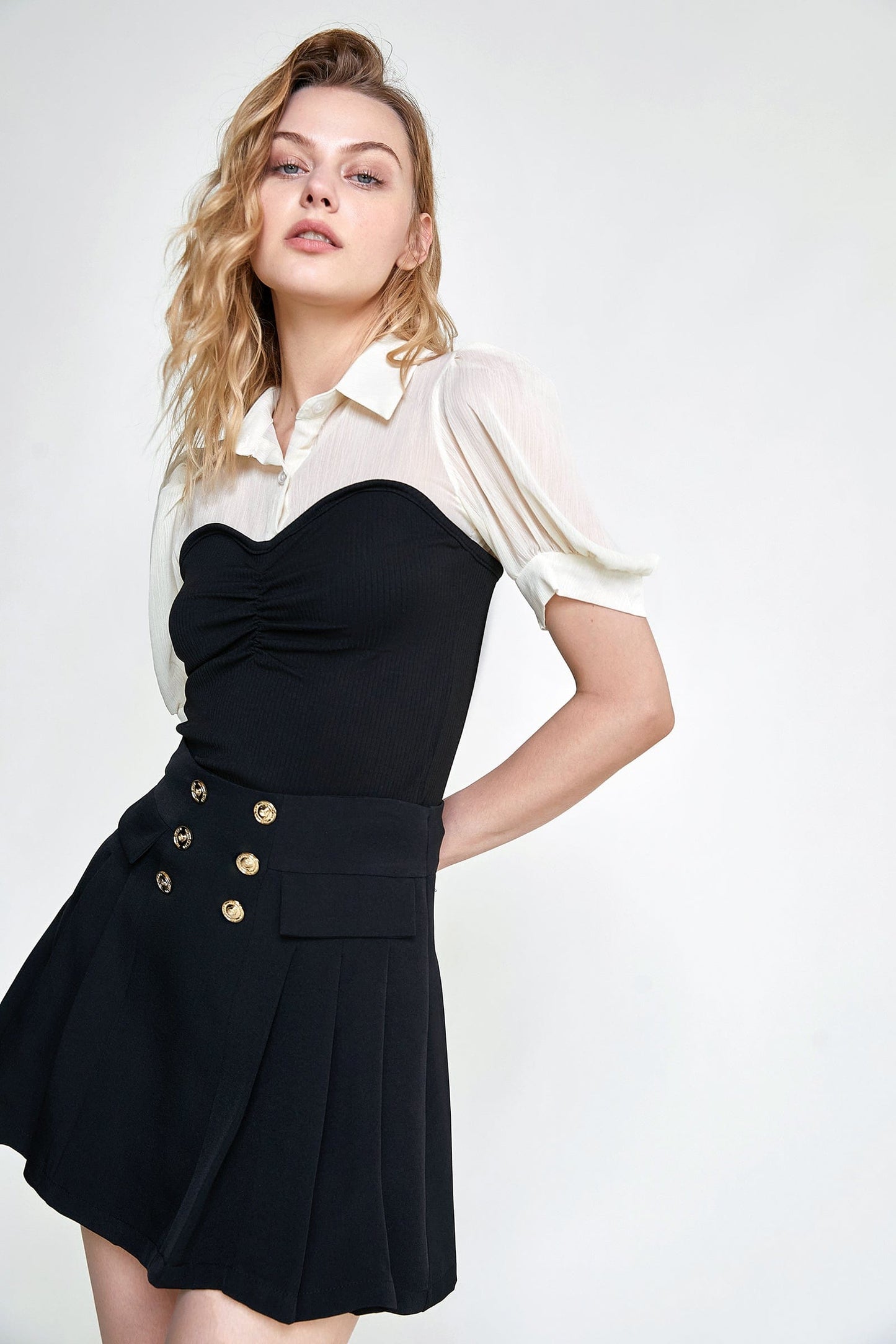 Black Contrast Mesh Puff Sleeve Polo Collar Blouse