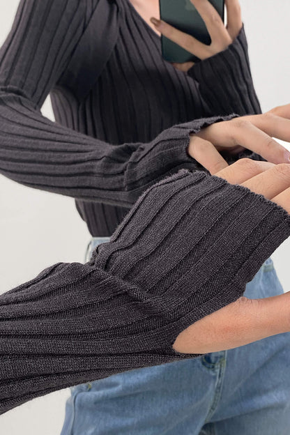 Dim Grey Strap Detail Cut Out Ribbed Knit Sweater