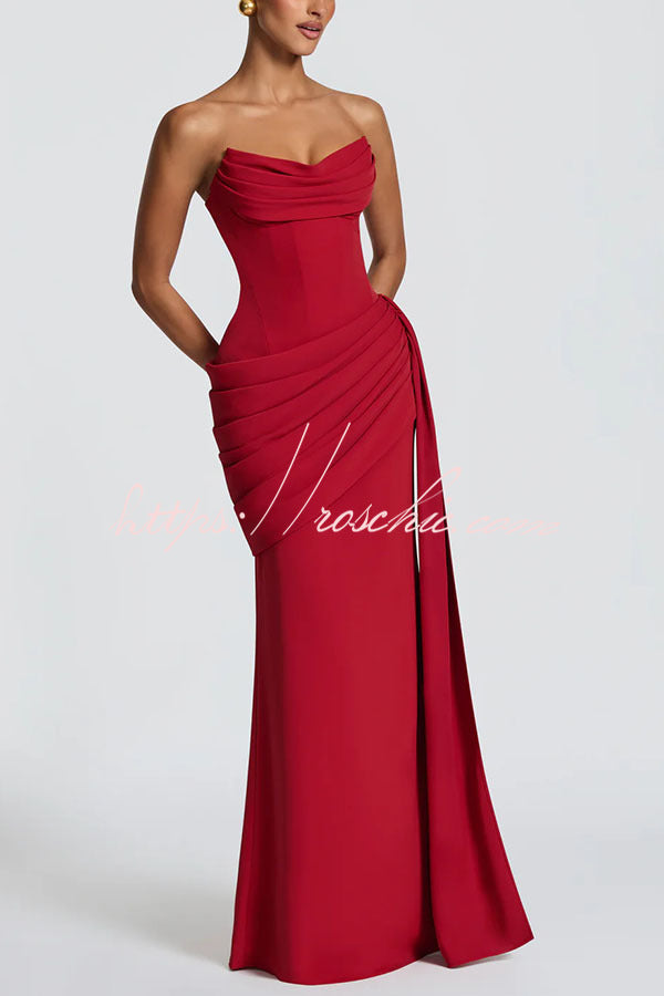 Matisse Strapless Pleated Cowl Overlay Back Lace-up Drape Panel Maxi Dress
