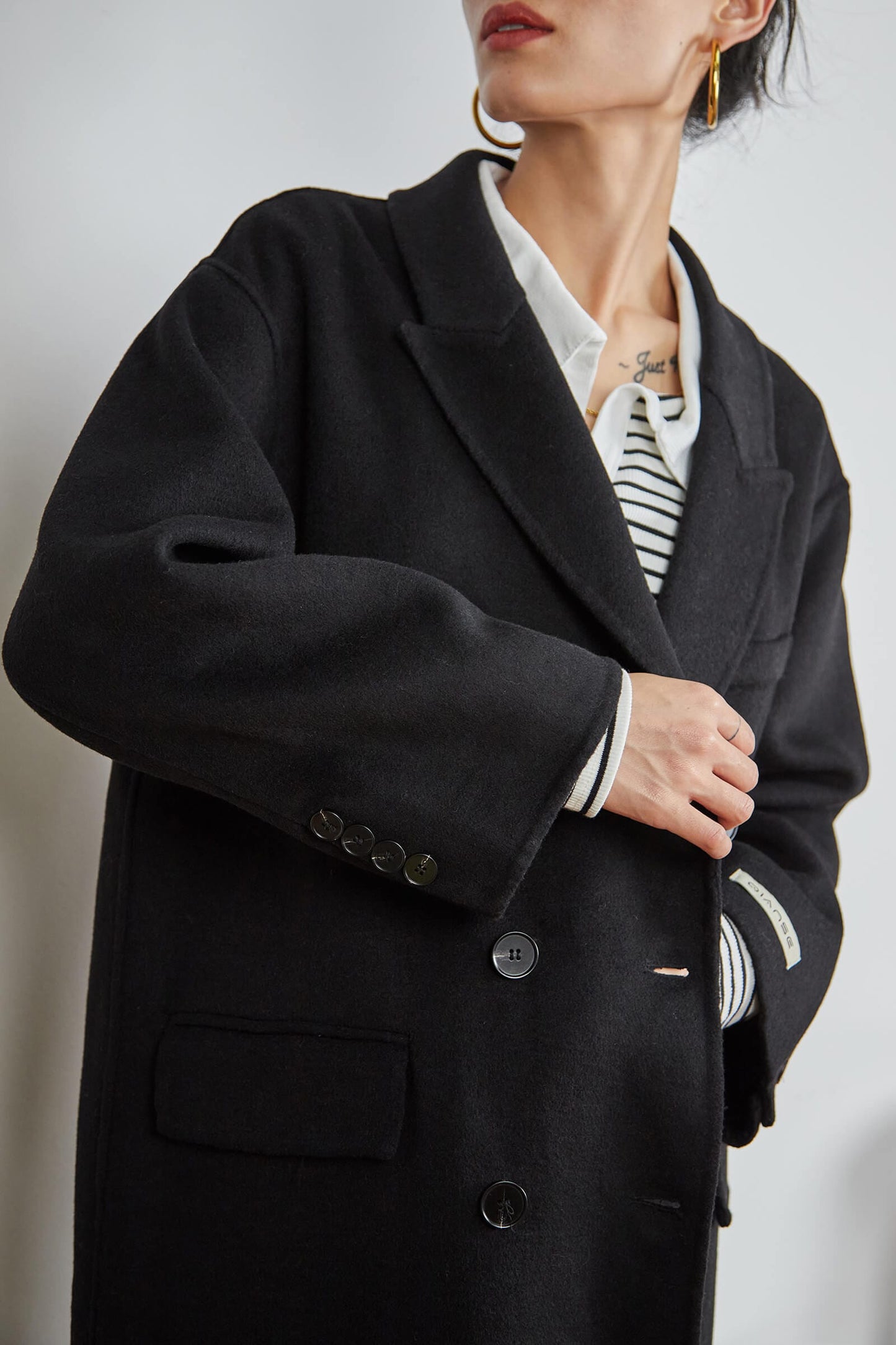 Black Premium Wool Double-Breasted Longline Coat