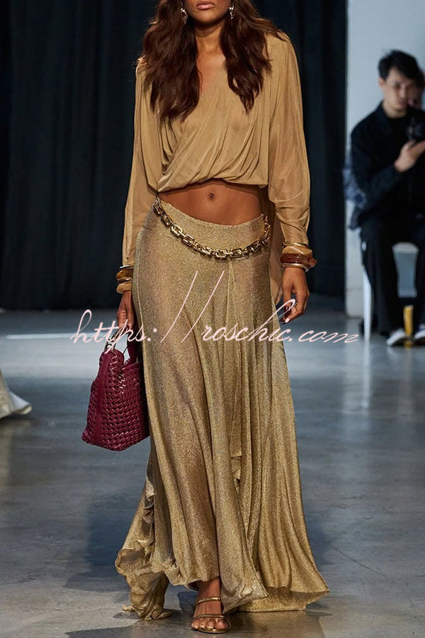 Dazzle Vacation Metallic Knit Long-sleeve Draped Crop Top and Mid Rise Irregular Slit Hem Maxi Skirt Set