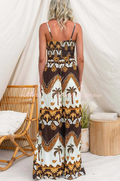 Unique Print Casual Spaghetti Strap High Waist Resort Loose Wide Leg Jumpsuit