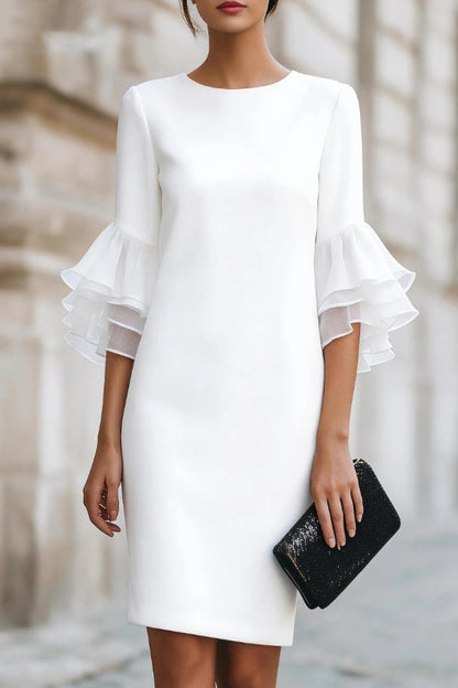 Solid Color Round Neck Ruffle Sleeve Elegant Mini Dress