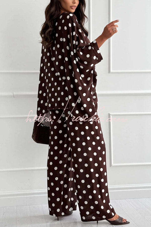 Verne Linen Blend Polka Dot Batwing Sleeve Top and Elastic Waist Pocket Loose Pants Set