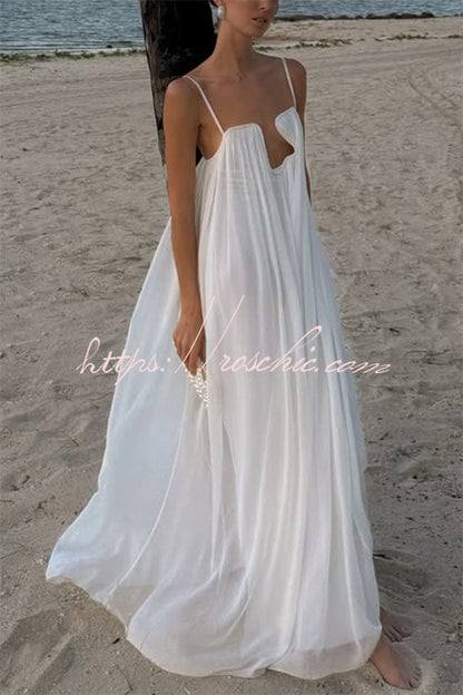 Sculptural Flowy Chiffon Plunging Chest Cutout Slip Loose Maxi Dress