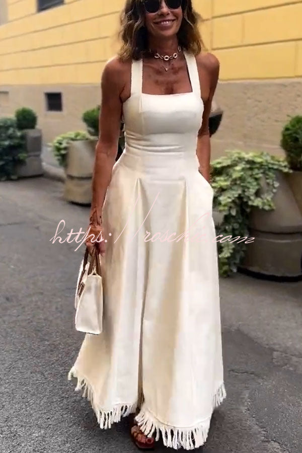 Viki Linen Blend Square Neck Wide Strap Side Button Pocket Tassel Trim Midi Dress