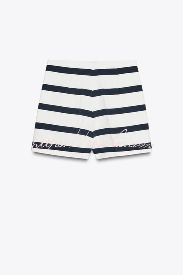 Logbook Stripe Button Shoulder T-Shirt and High-Rise Pocketed Loose  Shorts Set