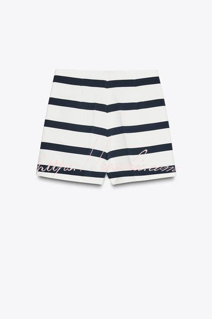 Logbook Stripe Button Shoulder T-Shirt and High-Rise Pocketed Loose  Shorts Set