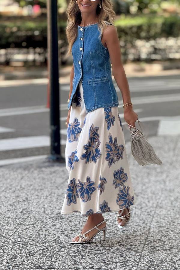 Vintage Blue and Gold Floral Satin Midi Skirt
