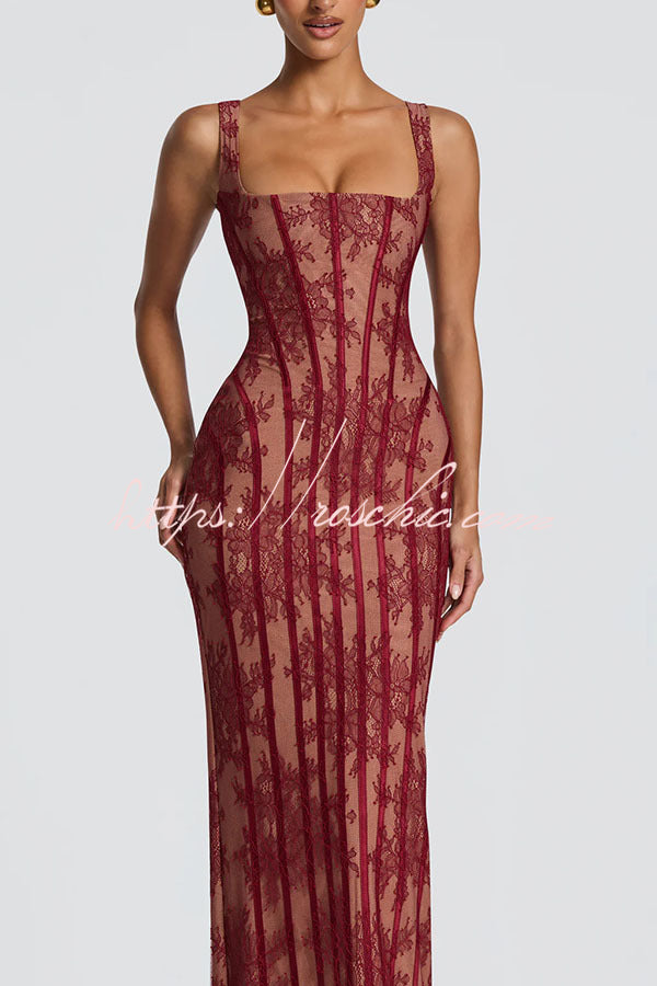 Polina Floral Lace Contrast Structural Detail Square Neck Back Lace-up Slit Maxi Dress