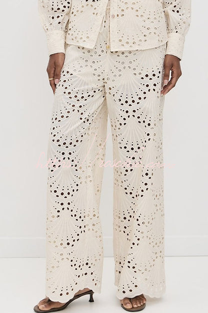 Lillah Embroidered Lace Shell Pattern Elastic Waist Pocket Wide Leg Pants