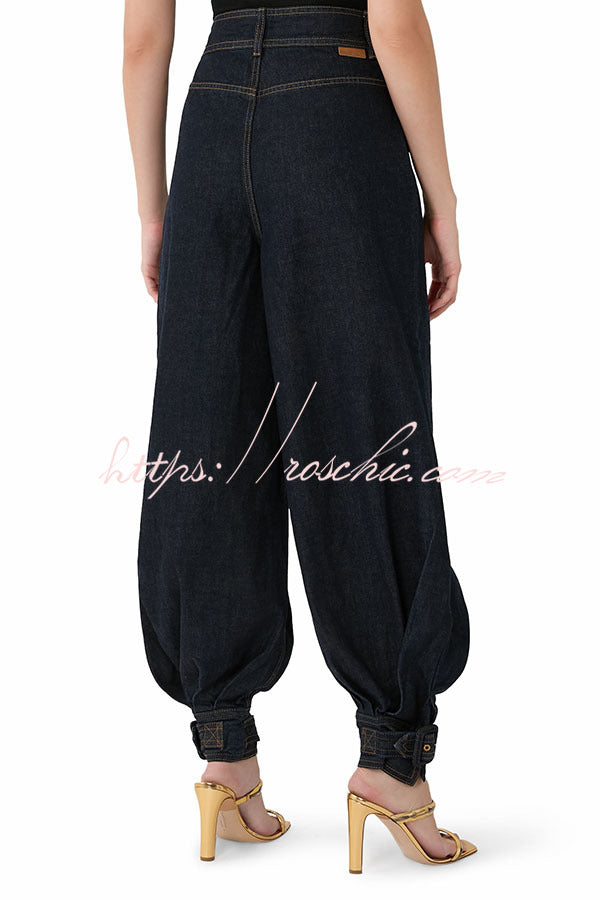 Luna Denim High Rise Pocket Adjustable Buckle Ankle Strap Harem Pants