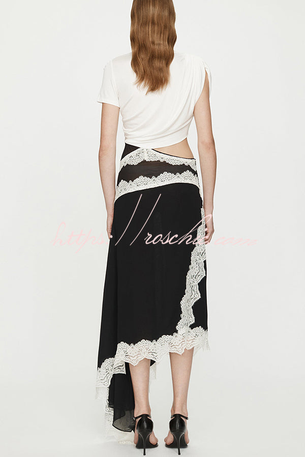 Verve Twisted Drape Across Tee Chiffon Lace Trim Hem Maxi Dress