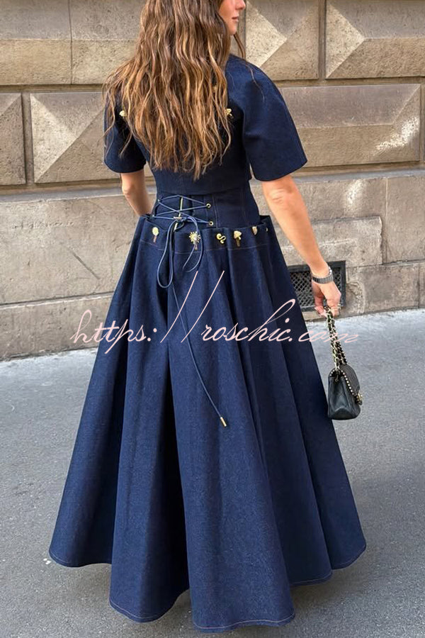 Custom Look Denim Unique Metal Pattern Buttons Slit Half Sleeve Crop Jacket