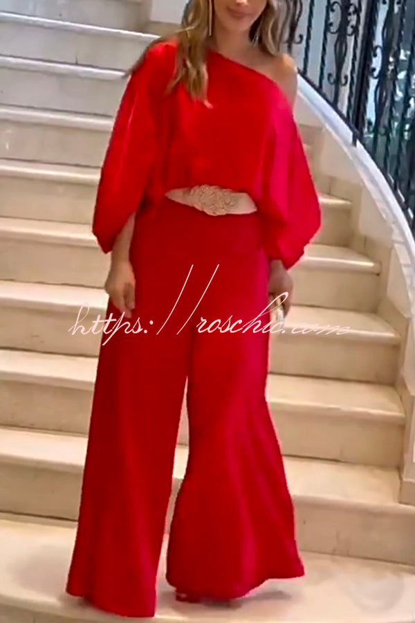 Elegant Rose Print Long Sleeve Belted Wide Leg Pants Suit