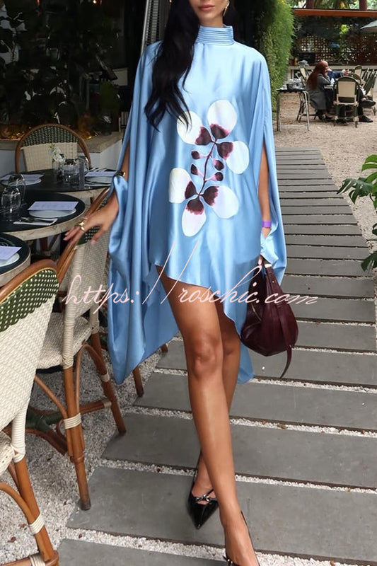 Luisa Satin Floral Print Pleated High-neck Batwing Cutout Sleeve Loose  Cape Mini Dress