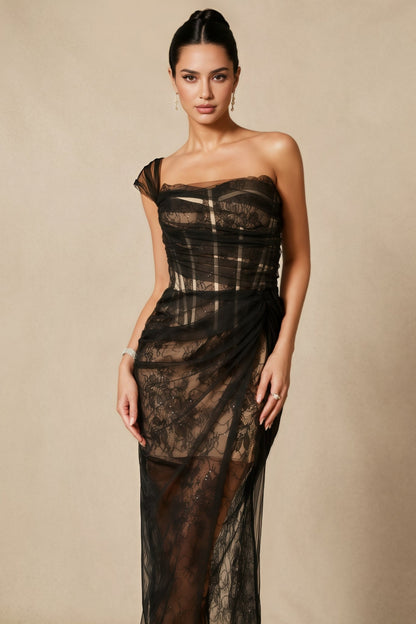 Ezgi One Shoulder Corset Lace Maxi Dress