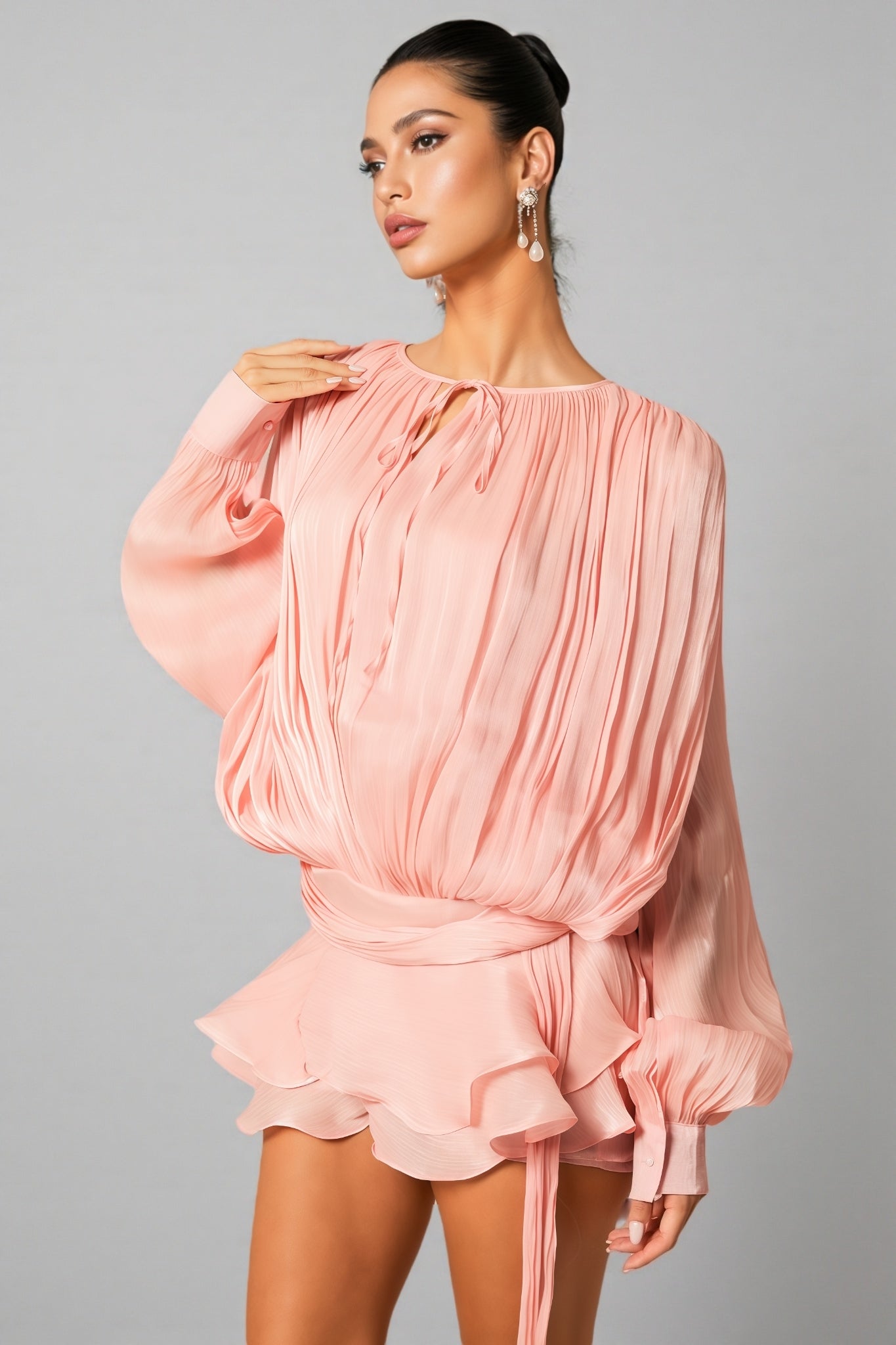 Niavia Pink Pleated Ruffle Hem Mini Dress