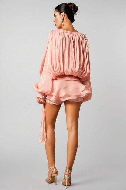Niavia Pink Pleated Ruffle Hem Mini Dress
