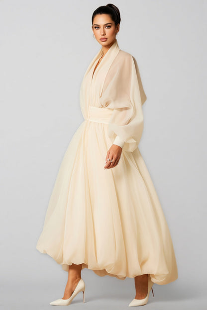 Selma Deep V-neck Puff Sleeve Maxi Dress