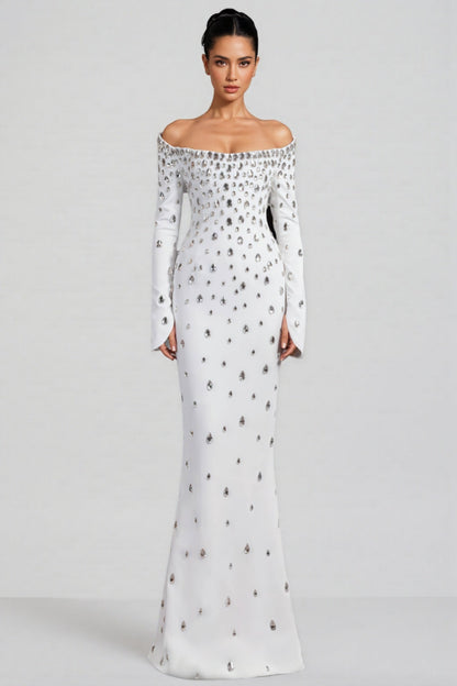 Kania White Long Sleeve Beaded Maxi Dress