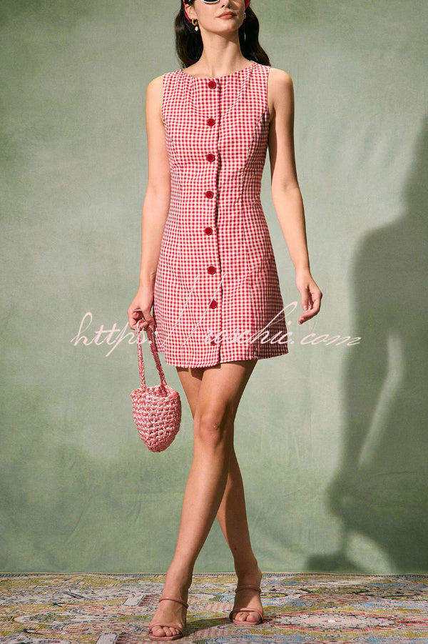 Retro Plaid Print Sleeveless Round Neck Button Casual Mini Dress