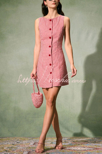 Retro Plaid Print Sleeveless Round Neck Button Casual Mini Dress