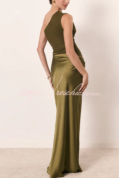 Kaia Satin Contrast Fabric Patchwork One Shoulder Ruched Maxi Dress