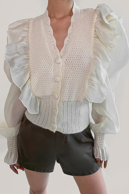 Beige Pointelle Knit Ruffled Chiffon Puff Sleeve Cardigan