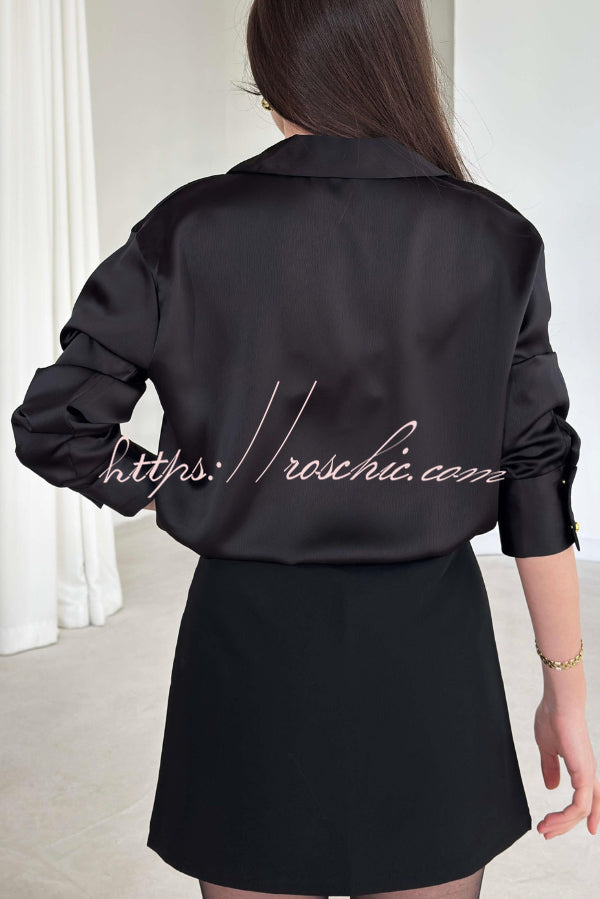 Solid Color Silk Satin Texture Single-breasted Long-sleeved Loose Shirt