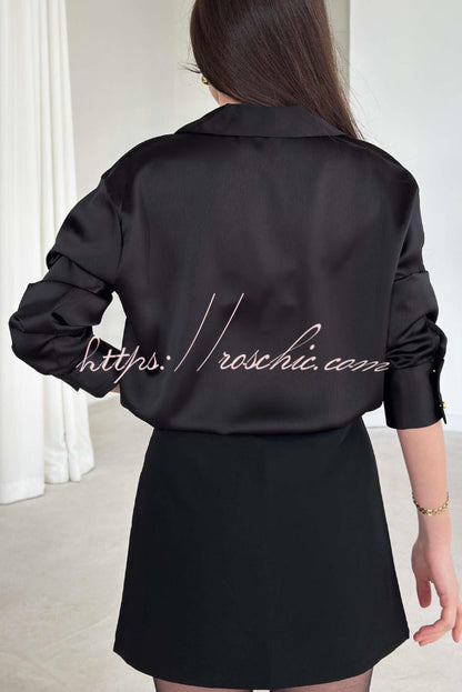 Solid Color Silk Satin Texture Single-breasted Long-sleeved Loose Shirt