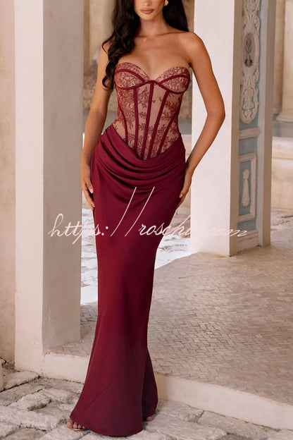Kathleen Floral Lace Contrast Structural Detail Back Lace-up Satin Hem Strapless Maxi Dress