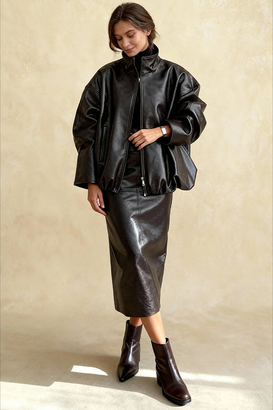 Chic Solid Patent Leather Stand Collar Jacket Skirt Two Piece Set