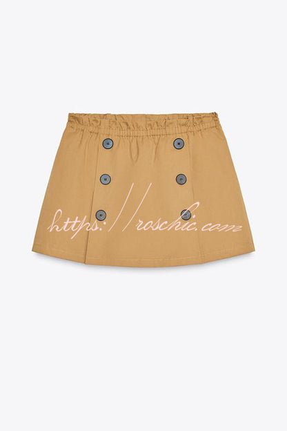 Chic Comfort Mid Rise Elastic Waist Contrast Buttons Pocket Mini Skort