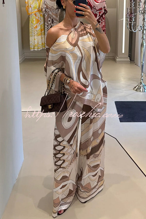 Luxe Resort Satin Unique Print Cape-style Top and Elastic Waist Pocket Wide Leg Pants Set