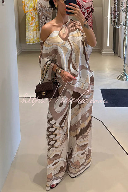 Luxe Resort Satin Unique Print Cape-style Top and Elastic Waist Pocket Wide Leg Pants Set