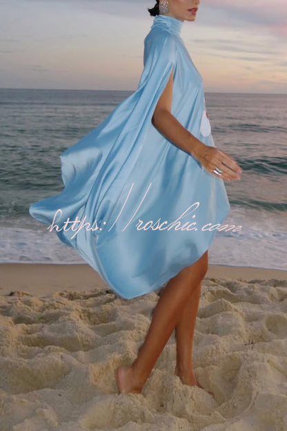 Luisa Satin Floral Print Pleated High-neck Batwing Cutout Sleeve Loose  Cape Mini Dress