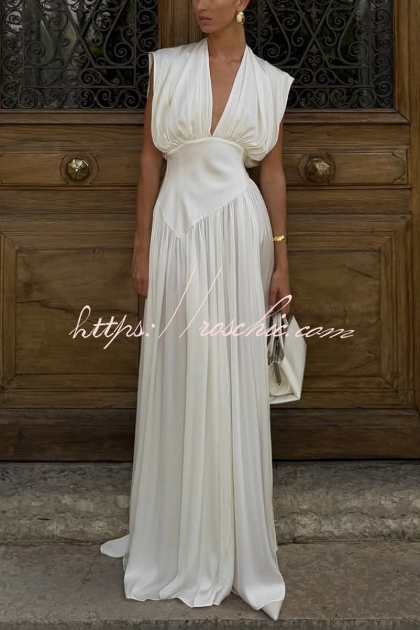 Elegant V-neck Sleeveless Fitted Waist High Slit Vacation Maxi Dress