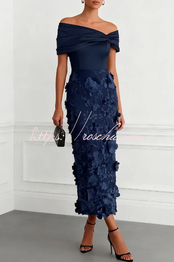 Classic 3D Floral Embroidery Off The Shoulder Short Sleeve Sheath Midi Dress
