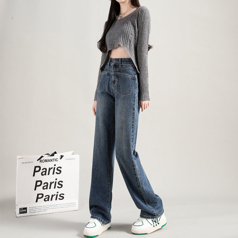 Blue High-Rise Straight-Leg Panel Pocket Jeans
