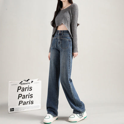 Blue High-Rise Straight-Leg Panel Pocket Jeans