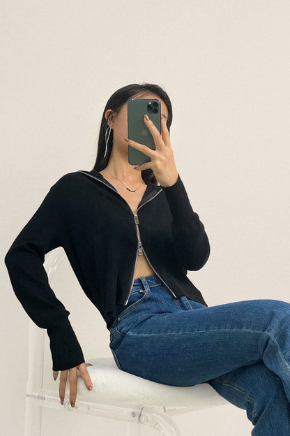 Black Wool-Blend Collared Zip-Up Cardigan