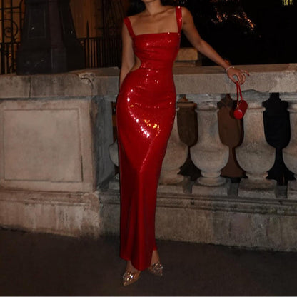 Angel Boutique Charming Sequin Sling Square Collar Backless Dress Skirt Elevated Occasion Wear
