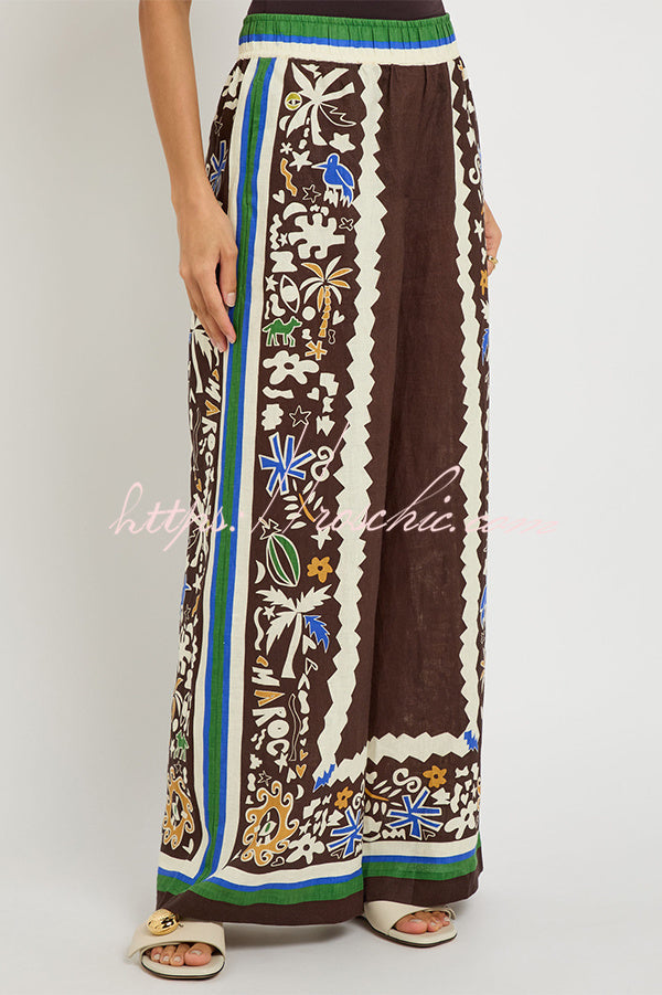 Antibes Satin Court Unique Printed Long Sleeve Loose Shirt and Elastic Waist Pants Set