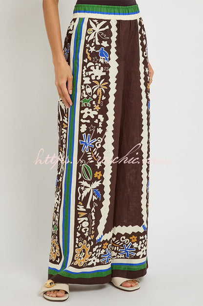 Antibes Satin Court Unique Printed Long Sleeve Loose Shirt and Elastic Waist Pants Set