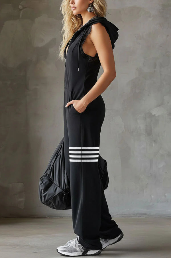 Stylish Hooded Sleeveless Lace Zipper Casual Sports Jumpsuit