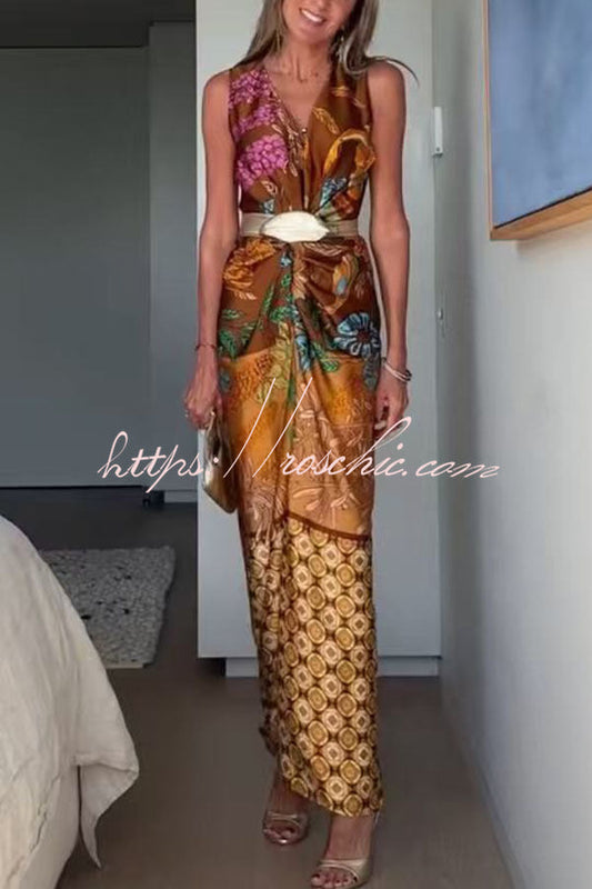 Naturally Inspired Satin Unique Floral Print Twist Waist Slit Drape Maxi Dress