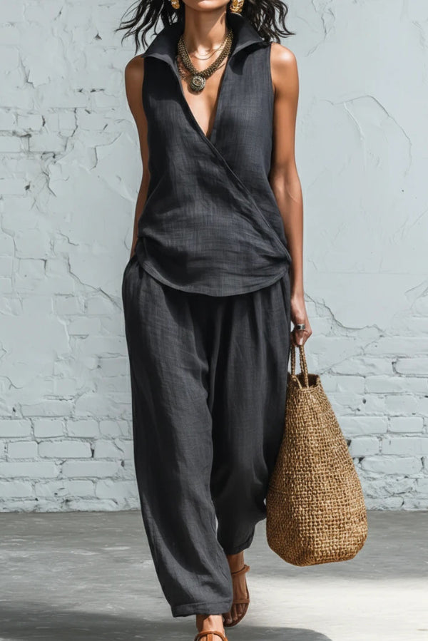 Linen Blend Collared Sleeveless Loose-fitting Top and Elastic Waist Pocket Casual Pants Set